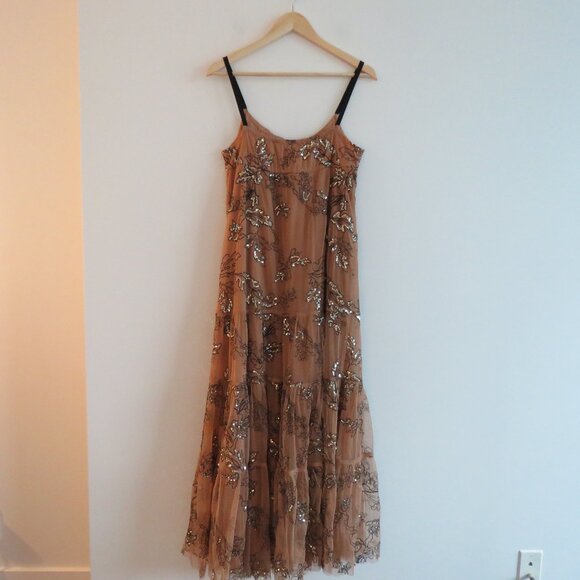 BY ANTHROPOLOGIE Sequined Tulle Midi Dress in Tan Peach Tiered Boho - Size S NWT - Picture 13 of 16